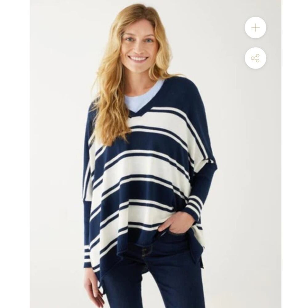 Mersea Catalina V-Neck Sweater Knit Poncho Stripe Boxy Navy Fisherman Beachy OS